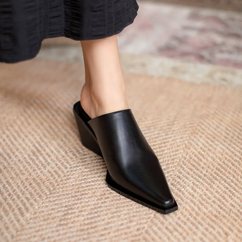 Women Mules Pointed Toe Thick Heels Real Leather Cowhide Pumps European Mullers Women Slip On Outwear Wedge Slippers Size 43