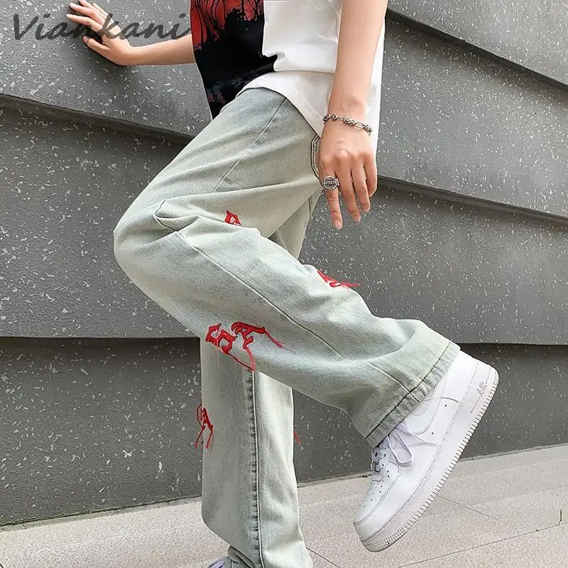 High Quality Embroidered Straight Jeans Mens Y2K Retro Red Letter Loose Denim Pants Fashion Casual Streetwear Hip Hop Trousers