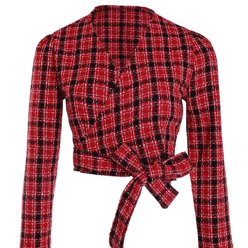 Женские короткие сексуальные модные топы с длинным рукавом в красную клетку