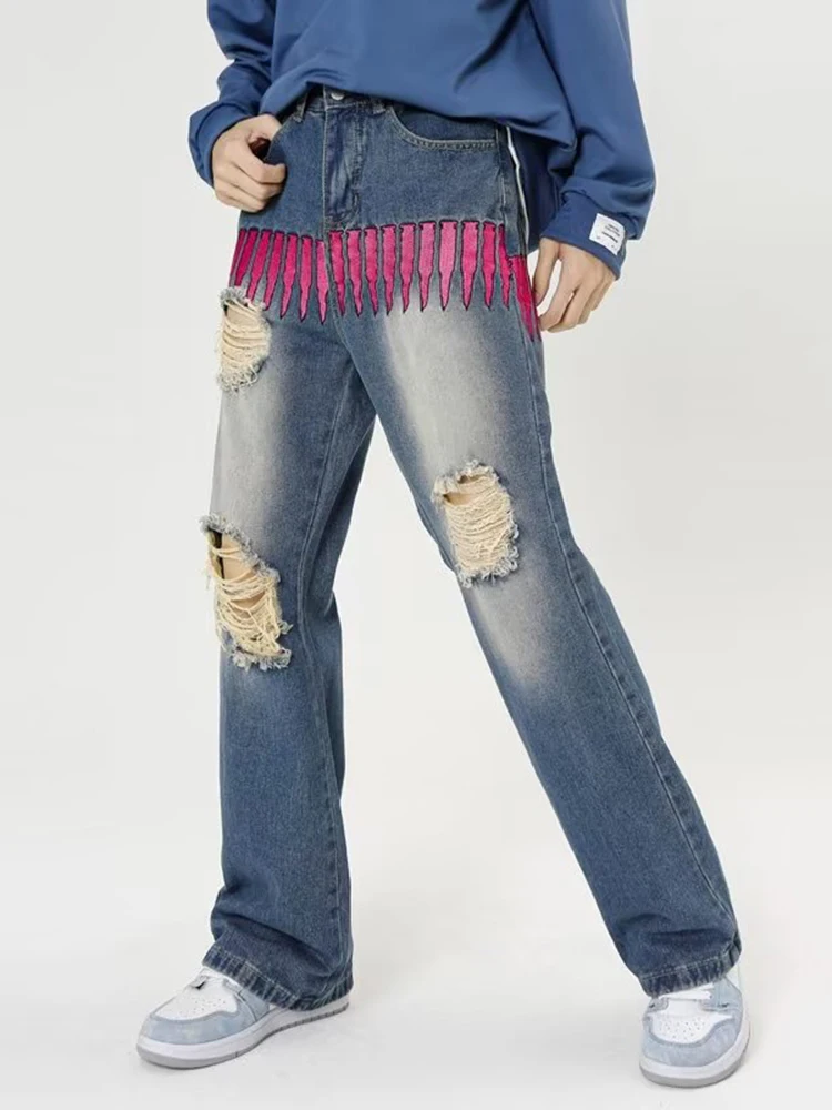 YIHANKE Leather Cross Embroidery Travis Scott Punk Men Baggy Jeans Pants Hip Hop Straight Hole Ripped Kpop Women Denim Trousers