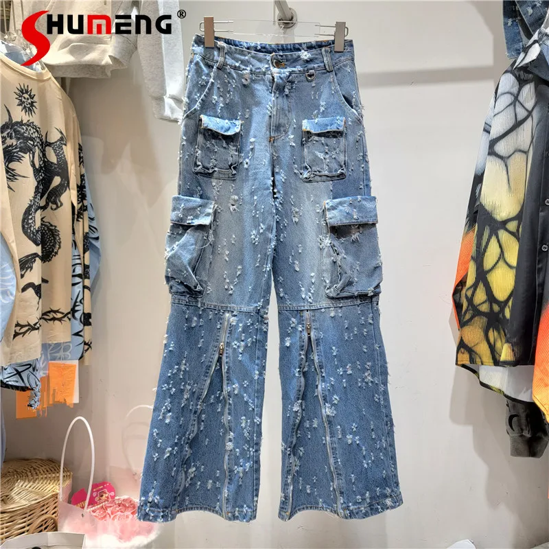 

Heavy Industry Ripped Washed Multi-Pocket Jeans Women's Long Denim Trousers 2023 Autumn New High Waist Overalls Pants