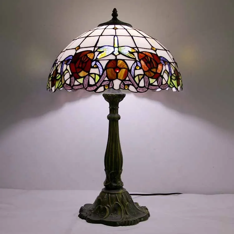 

LongHuiJing 16Inch Tiffany Table Lamps Rose Pattern Stained Glass Lampshade Antique Art Style Desk Lamp With Lotus Metal Base