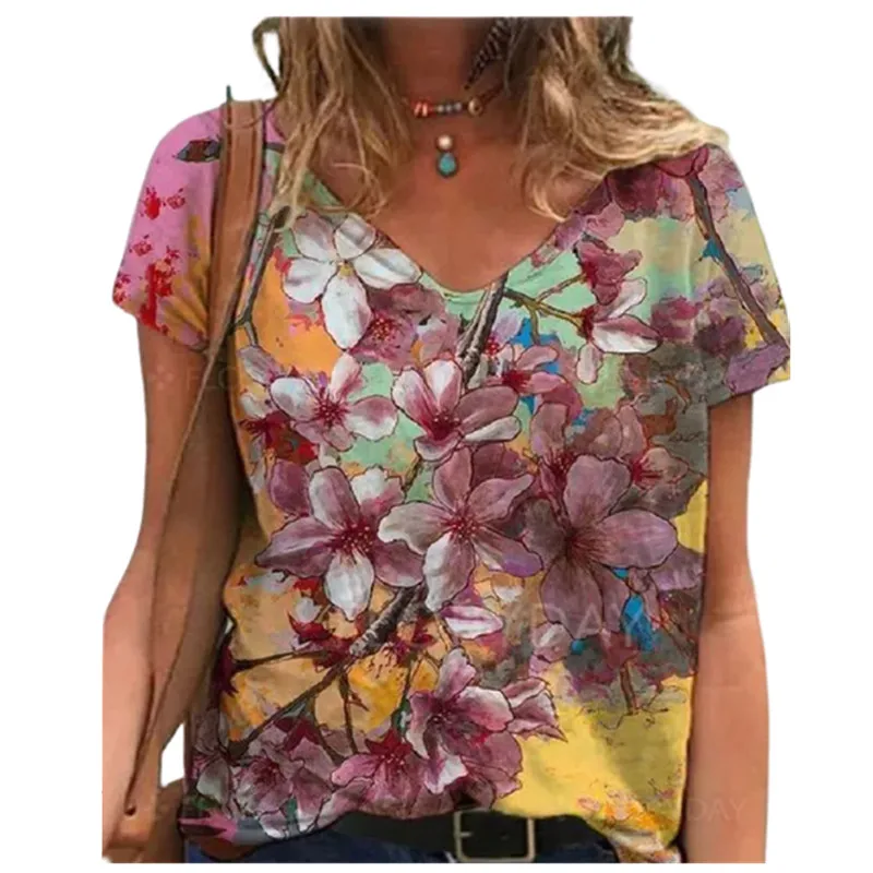 

2021 Summer Floral Print T Shirt Women Short Sleeve O-Neck Pullover Tops Streetwear Casual Loose Plus Size Ladies Cotton T Shirt