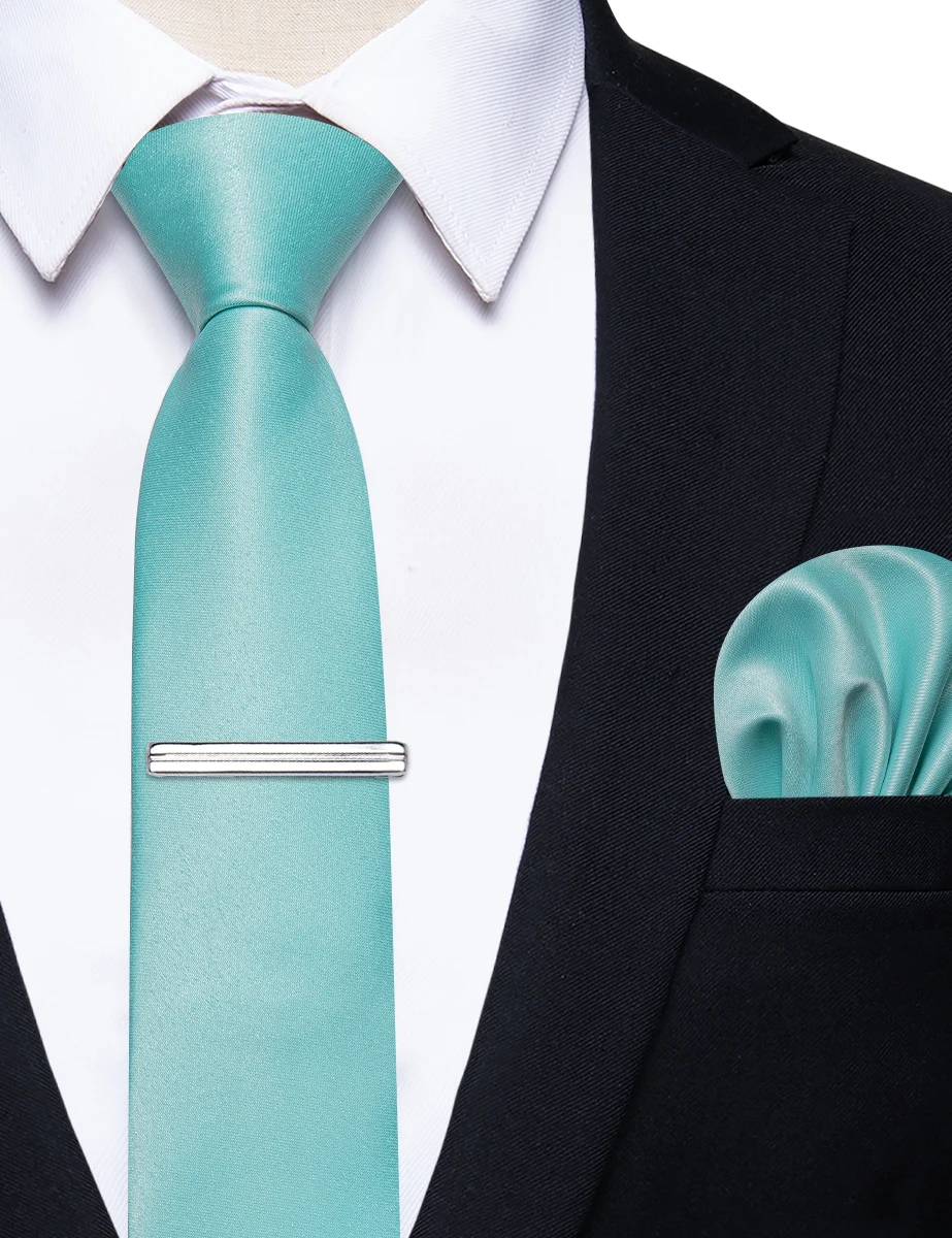 

Cyan-blue Solid Tie for Man Shirt Waistcost Fashion Luxury Silk Men's Necktie for Wedding Business Pocket Square Clip Accessory