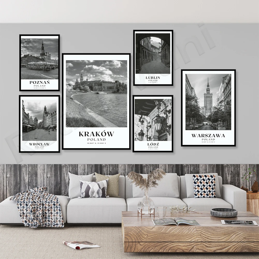 

Poland Czestochowa, Krakow, Bydgoszcz, Lodz, Lublin, Poznan, Katowice, Wroclaw, Warsaw black and white city Poland travel poster