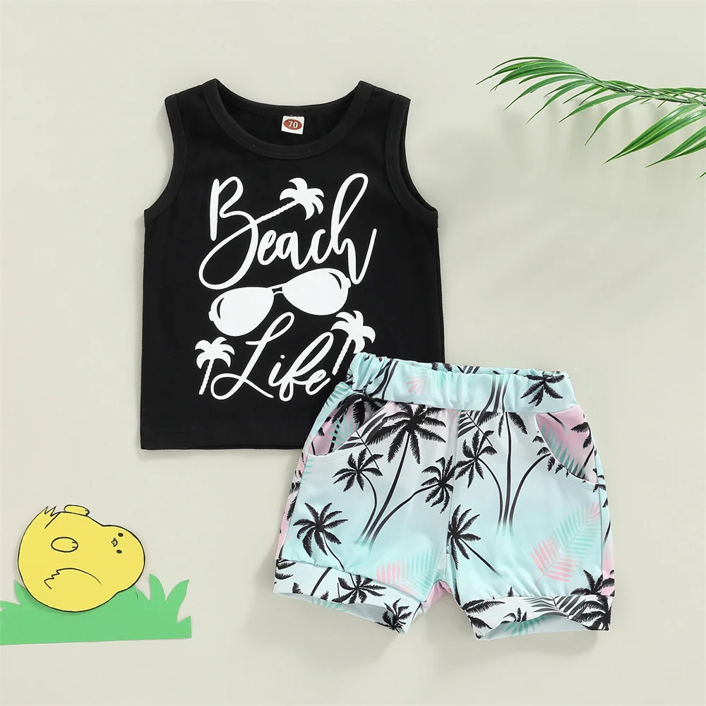 

Baby Boy Beach Style Clothes Set Letter Print Tank Tops Vest Coconut Palm Shorts 0-24M Newborn Infant Toddler Summer Outfits