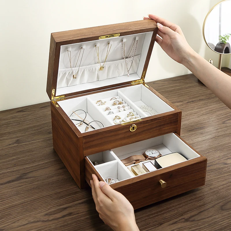 

Organizer Women Men Jewelry Display Drawer Case Earrings Ring Necklace Jewellery StorageDouble Layer Large Wooden Jewelry Box