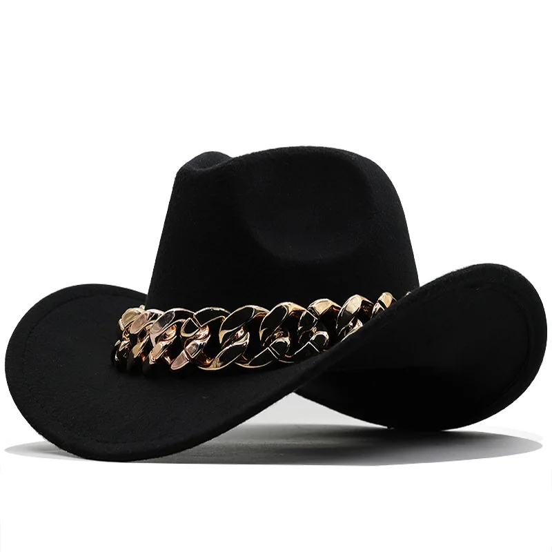

Fedora hats for women fashion Crimping wide Brim Panama Wool Felt Jazz Fedora Hats for men Gold Chain top wedding Hat