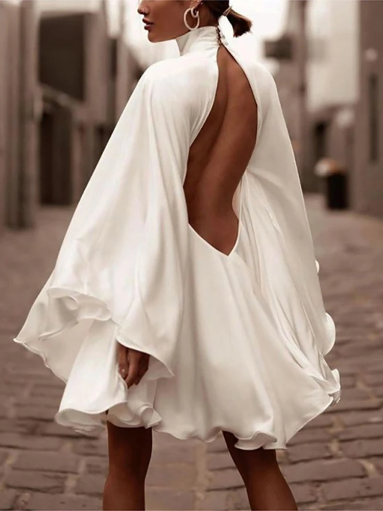 

Women Evening Dresses 2022 Fashion Sexy Backless Satin Party Dresses Flare Sleeve Stand Collar Short Robes Chic Vestidos