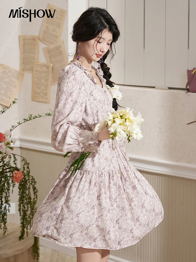 MISHOW платье с v-образным вырезом и длинными рукавами цветочным принтом для женщин