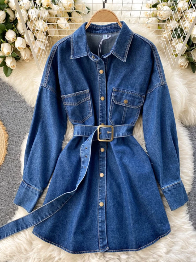

LY VAREY LIN New Spring Autumn Women Fashion Denim Jacket with Belt Lady Vintage Lapel Single Breasted Jean Shirts Coat Outwear