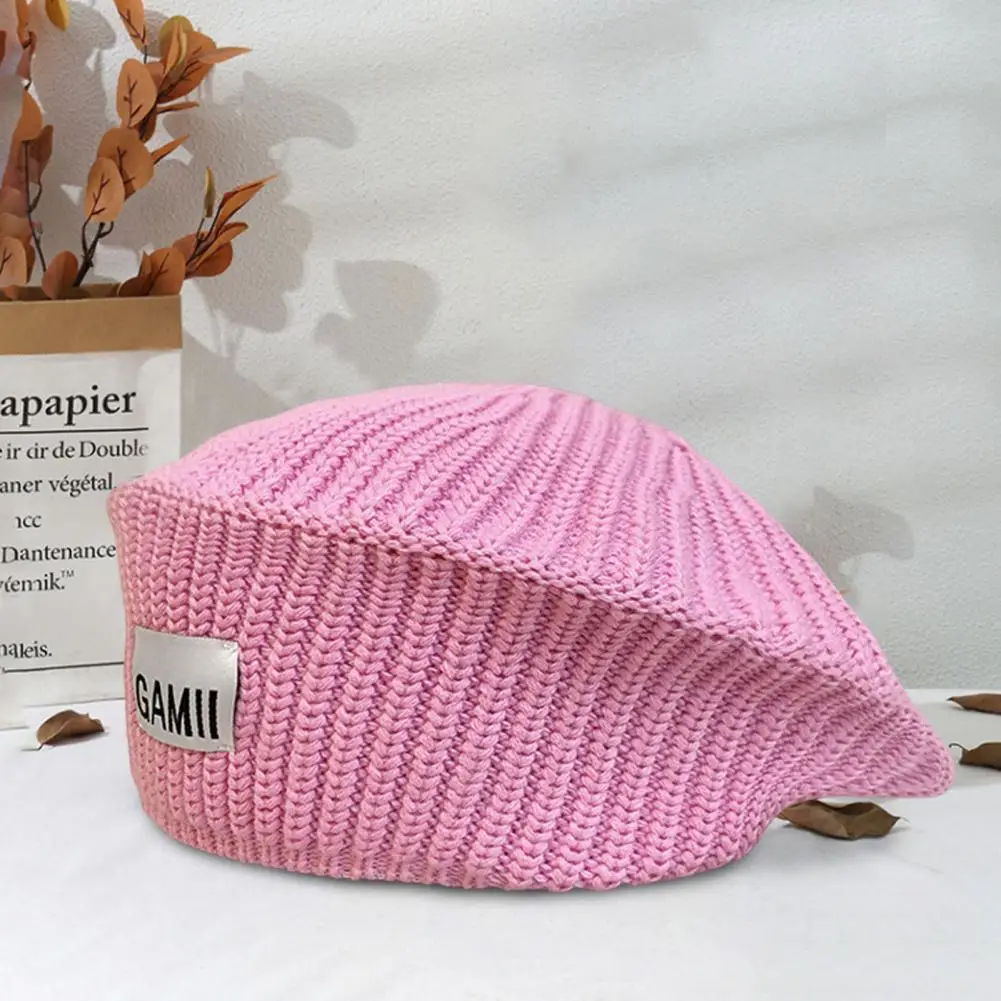 

Women Winter Beanie Stripe Texture Knitting No Brim Elastic Decorative Regular Fit Solid Color Artist Beret Women Headdress