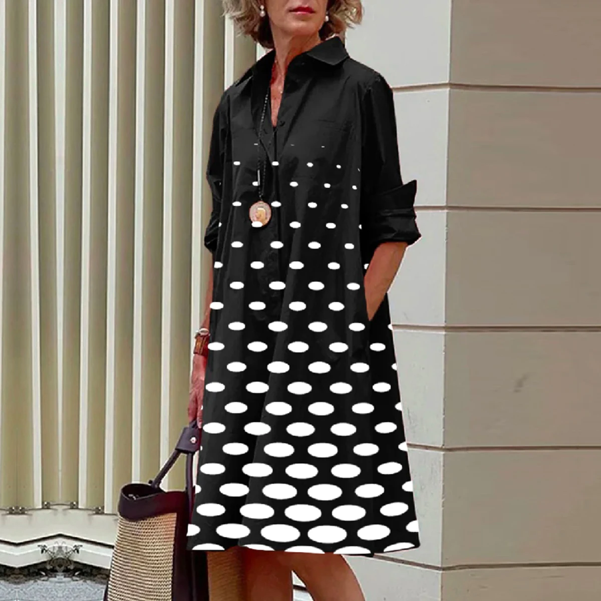 

Yeezzi Summer Female Traf Casual Stylish Selection Long Sleeves Printed Polka Dot Lapel Loose Midi Dress for Women 2022 New