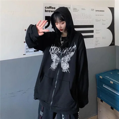 Women Butterfly Print Hoodies Harajuku Oversized Long Sleeve Zip Up Hooded Jacket Female 2022 Autumn Hip Hop Punk Sweatshirt Top