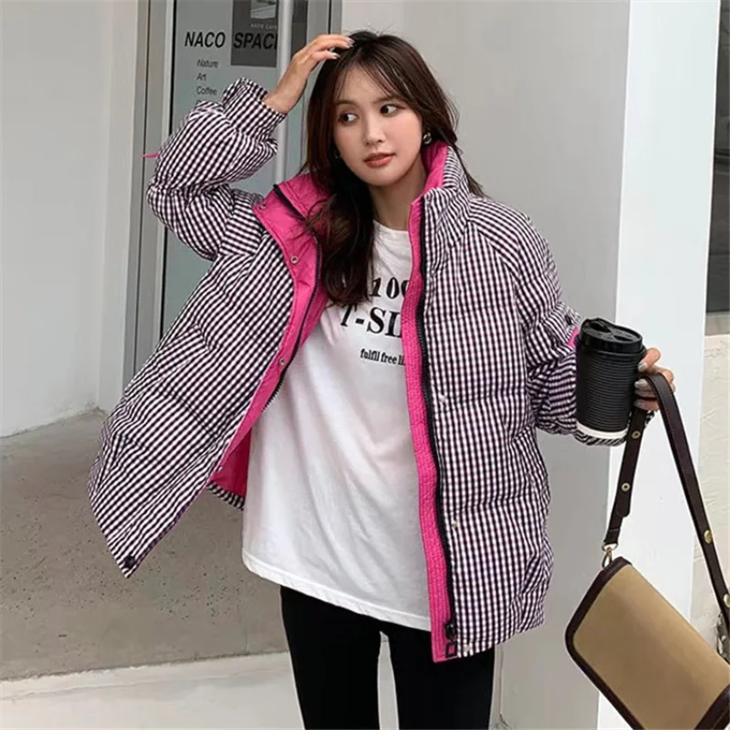 2022 Kotak-kotak Musim Dingin Wanita Parka Berlapis Katun Tebal Mode Bertudung Longgar Longgar Gratis Cuci Jaket Puffer Wanita