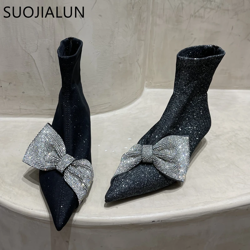 

SUOJIALUN New Brand Women Pointed Toe Ankle Boots Fashion Bling Crystal Bow-knot Ladies Chelsea Shoes Thin Low Heel Short Boots