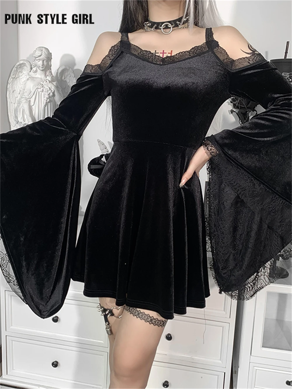 

Бархатное черное платье в викторианском стиле Goth с расклешенными рукавами, плиссированные платья Drak, эстетичное кружевное платье, элегантн...