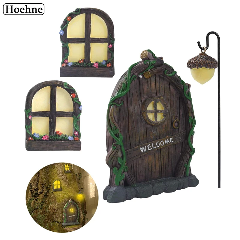 

Mini Fairy Door for Tree Decorations Luminous Window Fairy Garden Art Accessories Resin Outdoor Stump Decor Kit for Kids Girl