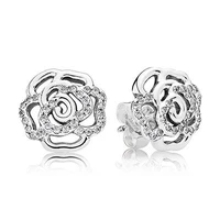 authentic 925 sterling silver sparkling shimmering rose flower with crystal stud earrings for women wedding gift pandora jewelry