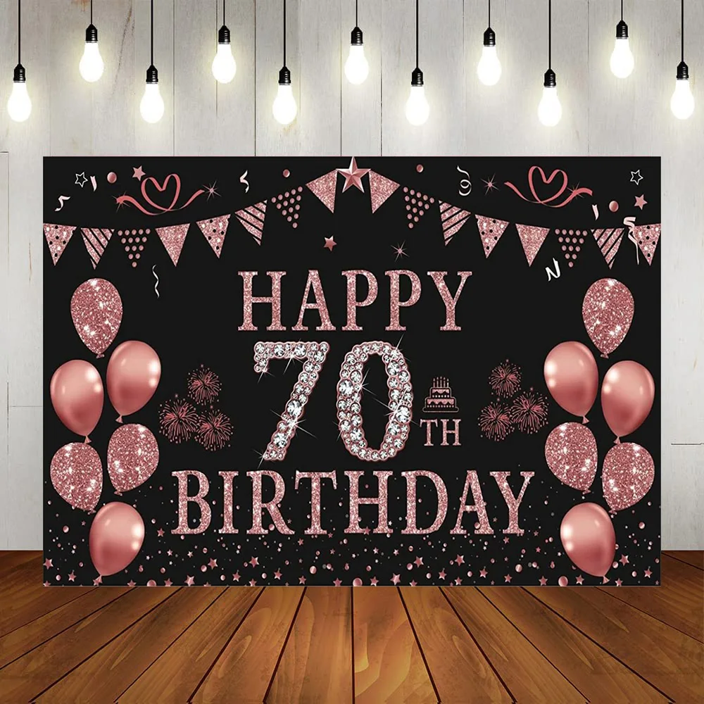 

Фон для фотосъемки с эффектом 70-го дня рождения с блестящими бриллиантами и воздушными шарами баннер розовые черные золотые розовые украшения Женский фон для фотосъемки на годовщину