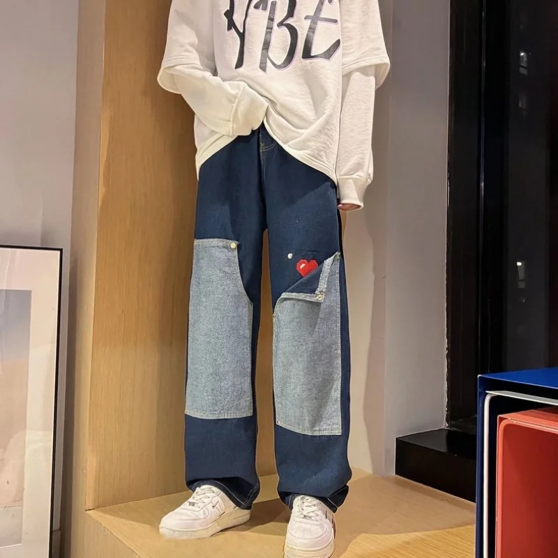 DEEPTOWN Patchwork Cargo Jeans for Men Denim Pants Male Japanese Streetwear Oversize Straight Trousers Loose Casual Heart Spring