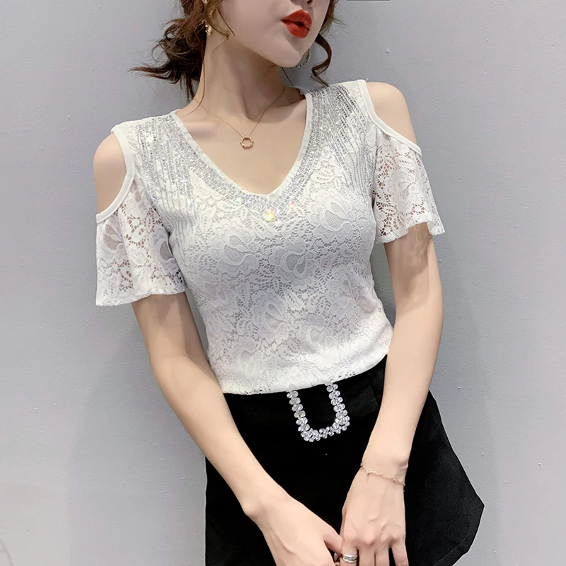 #5204 черно-белая короткая Кружевная футболка с коротким рукавом и V-образным