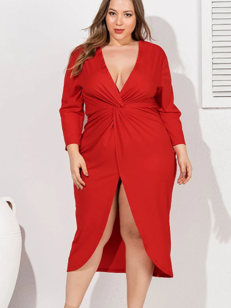 Plus Size 5XL Sexy V Neck Dress Women Red Pleated High Slit Solid Midi Robes Femmes Long Sleeve Party Event Autumn Vestidos