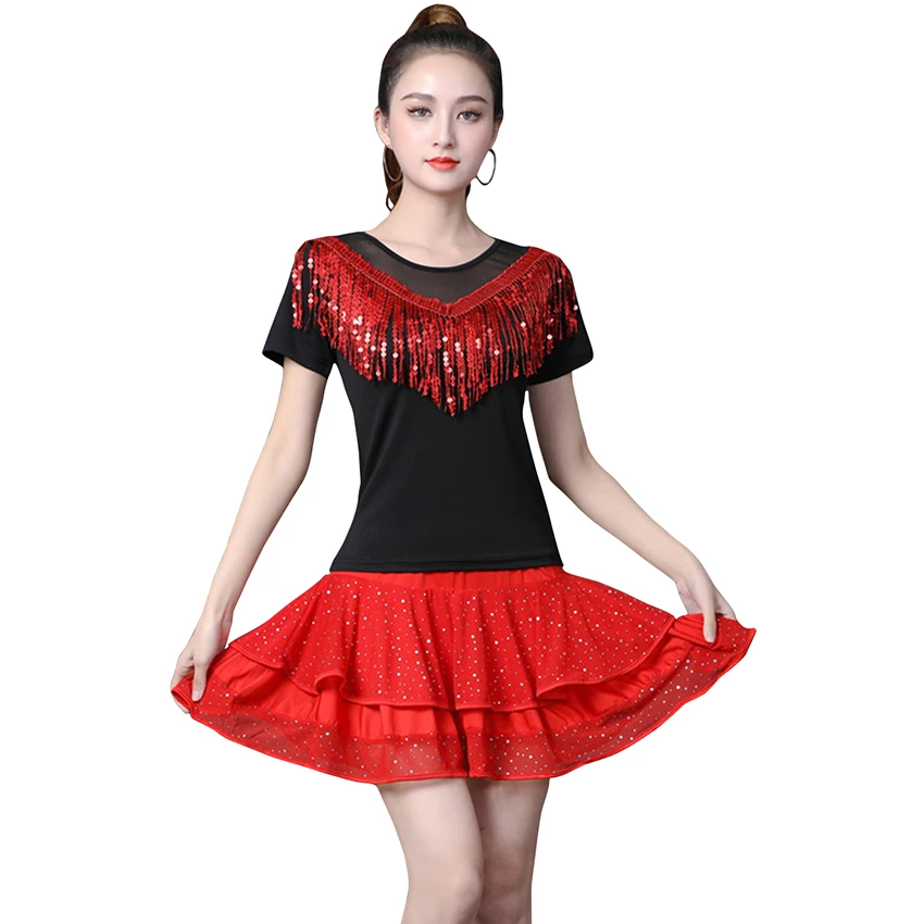 

Short Sleeves Latin Dance Top And Skirt Suit Standard Competition Practice Wear Women Sexy Sequin Stage Performence Costume