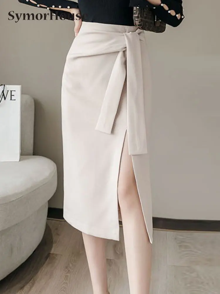 

Женские юбки-карандаш с высокой талией, Новое поступление 2023, модные Универсальные элегантные юбки миди в офисном стиле на шнуровке с запахом и завязками