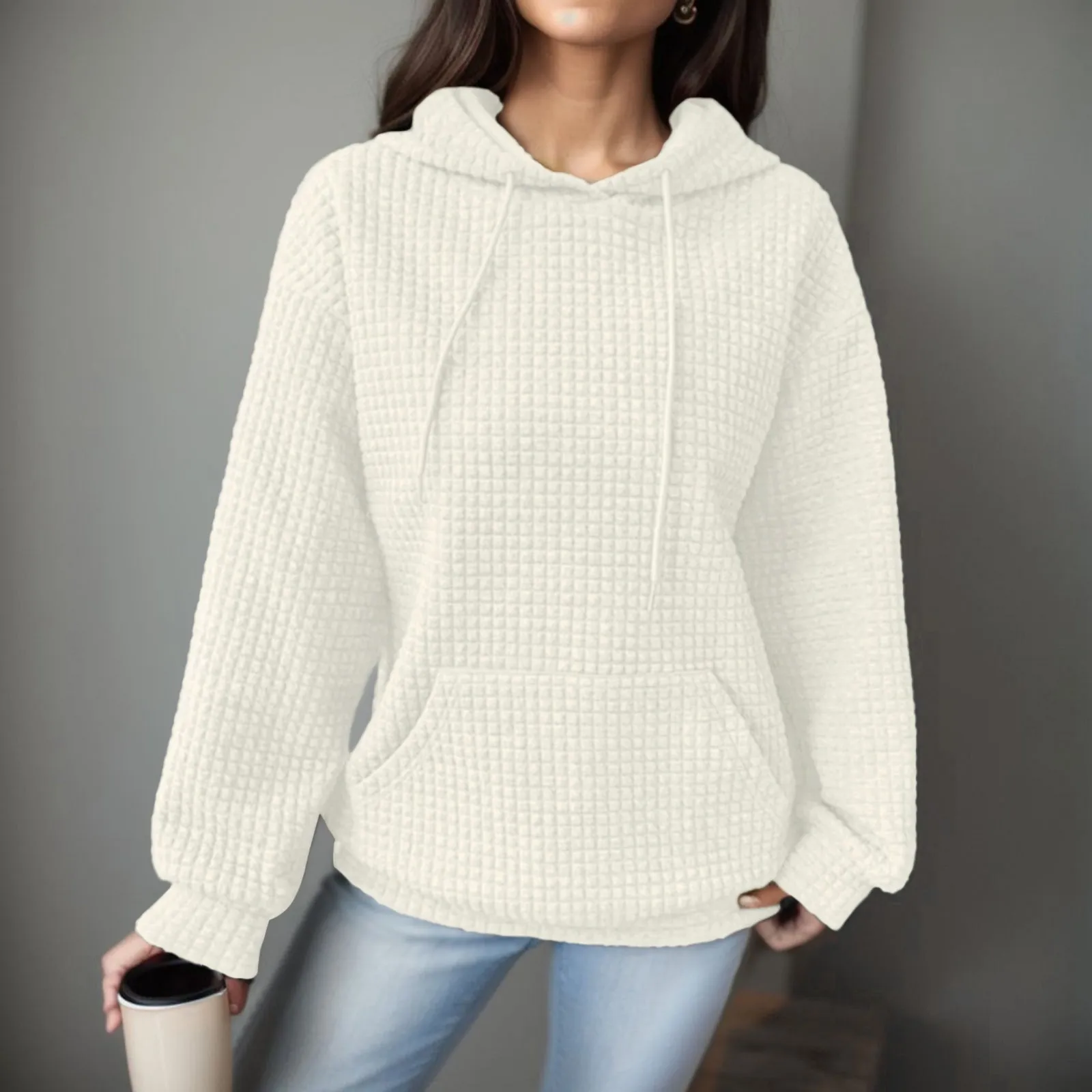 

Oversized Pullover Hoodie Waffle Hoodies Sweatshirts Solid Color Y2k Hoodies Harajuku Women's Sweatshirt Drawstring Sudadera