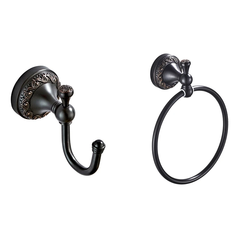 

2Pcs Retro Towel Ring Towel Hanger Bathroom Black Round Towel Rack Bathroom Hook Single Hook Coat Hook Set