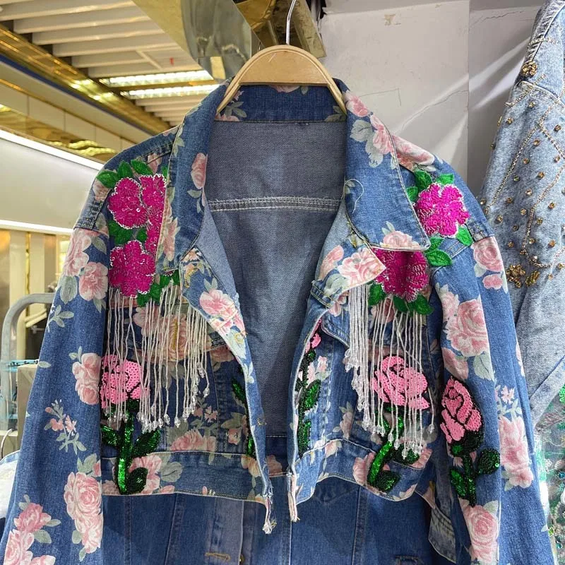 

High Waist Extra Short Print Denim Jacket Women Spring Autumn Fashion Loose Outerwear Sequins Flowers Jeans Jacket Coat Female
