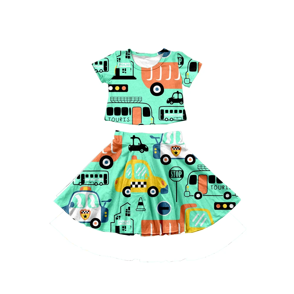 Hot Sales Green Kids Tops + Skirts Car Pattern Milk Silk Printing Boutique Wholesale