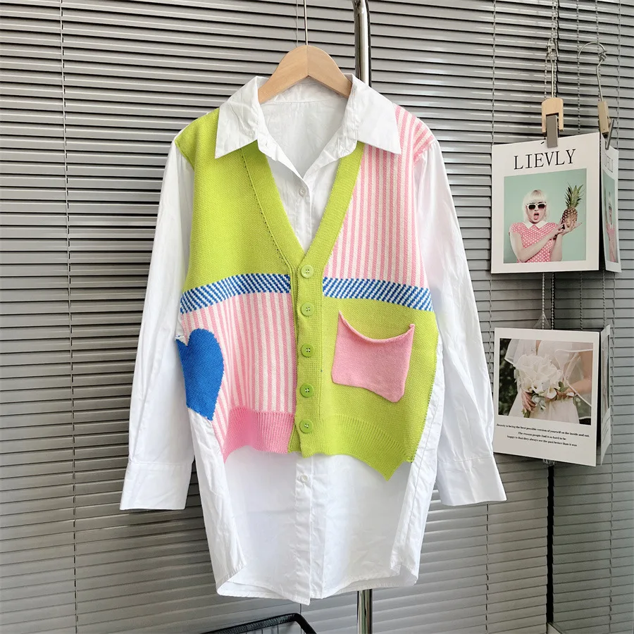 

Spring Autumn Spliced Versatile Fashion Knitted Women Shirt Chic Korea Version Quality Female Tops