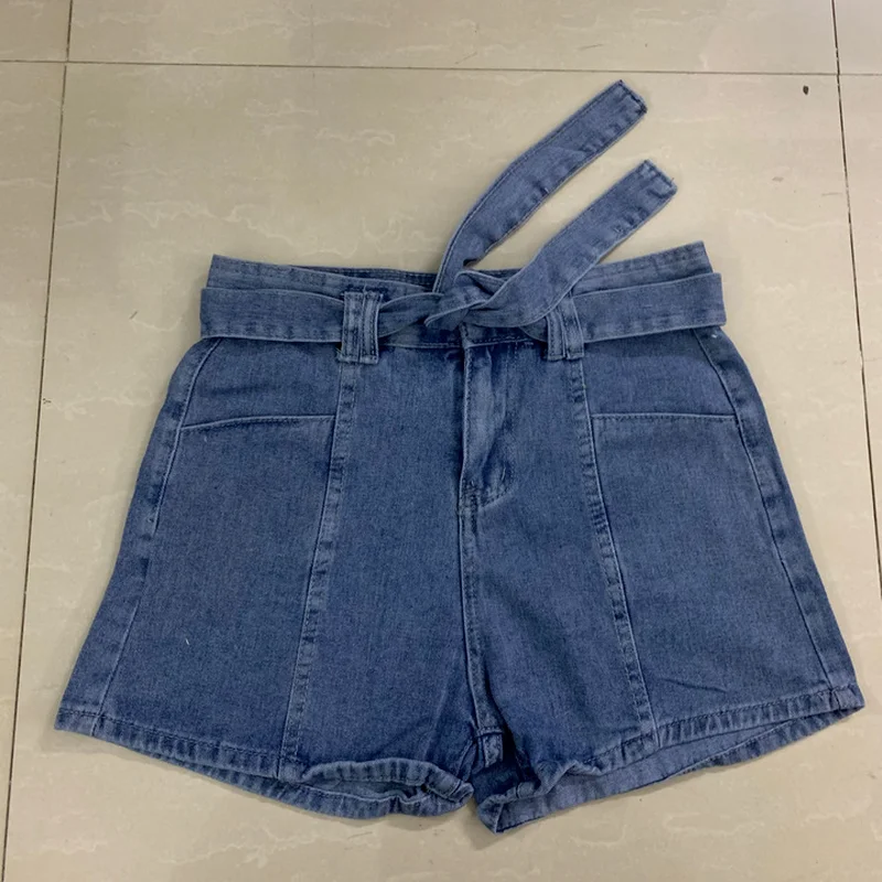 Summer Straight Leg Casual Bandage Denim Shorts Ladies Elastic High Waist Straight Buckle Belted Jeans Shorts Woman Clothing