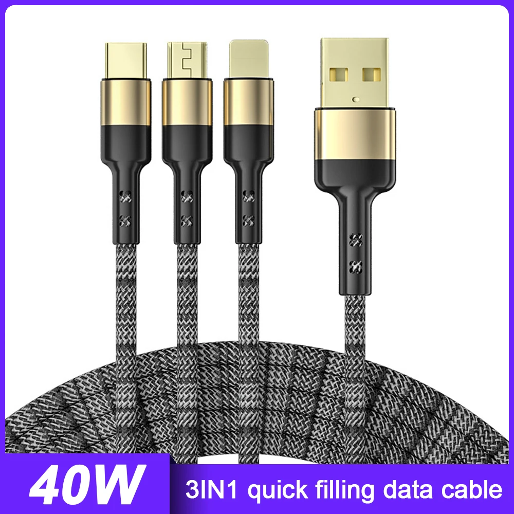 

3 In 1 USB Cable 40W 5A 2m Super Fast Charging Cord for iOS Type C Micro Portable Data Cable for iPhone Android