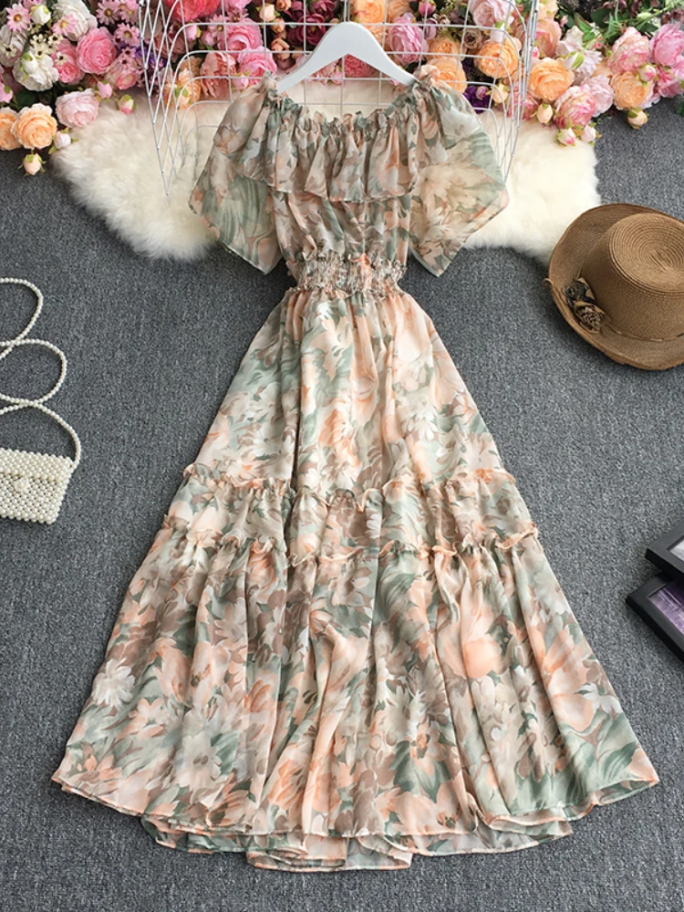 

Fitaylor New Summer Women Holiday Style Print Floral Short Sleeve Chiffon Dresses Beach Slash Neck High Waist A-line Long Dress