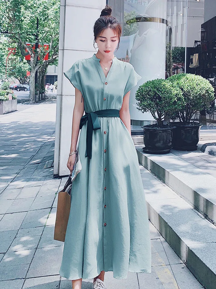

LANMREM Solid Color Lomh Dress For Women Short Sleeve Belt Single Breasted V-neck High Waist A-line 2022 Female Clothing 2I470