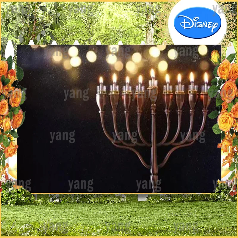 

Custom Candle Dreidel Jewish Holiday Family Party Dots Glitter Background Happy Hanukkah Backdrop Decoration Menorah Candelabra