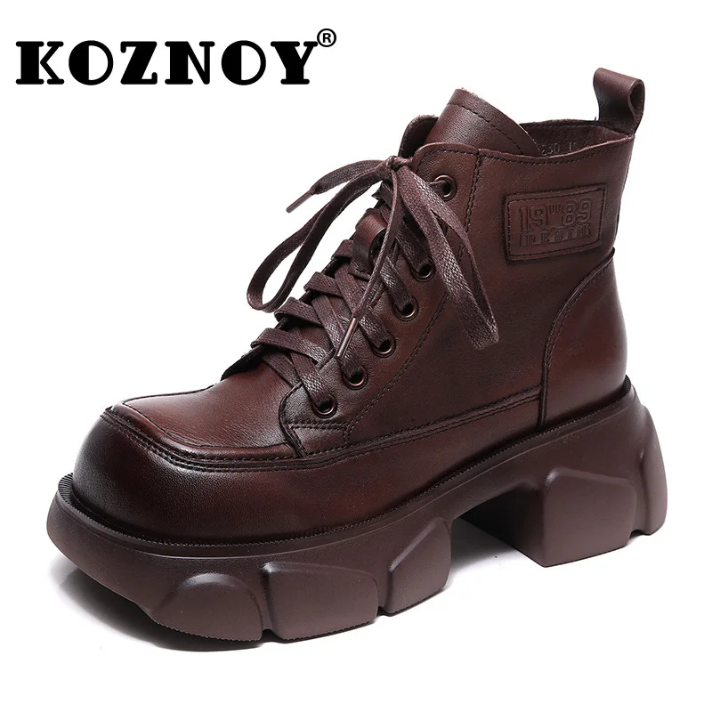 

Koznoy 6cm Natural Genuine Leather Autumn Boots Platform Wedge Thick Sole Motorcycle Ankle Punk High Top Booties for Women Shoes