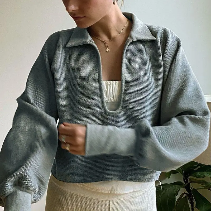 

HOUZHOU Women Waffle Pattern V-neck T-shirt Knitted 2 Pieces Set Crop Tops Autumn Elegant Female Loose Classic Tee Streetwear