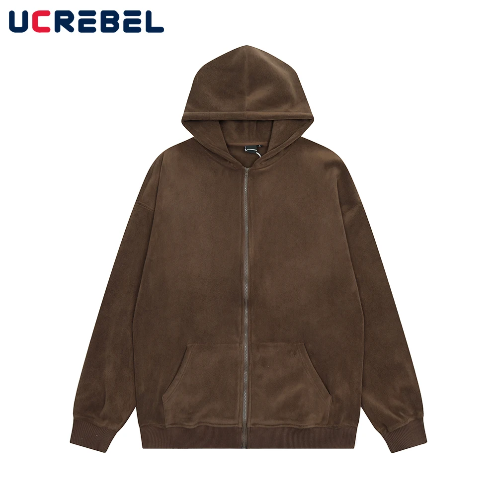 

Autumn Winter Polar Fleece Sweatshirts Mens Streetwear Pocket Loose Hoodies Solid Color Long Sleeve Zipper Outerwear Men
