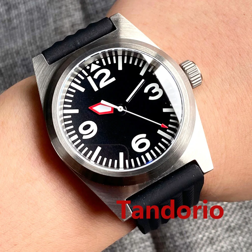 38mm Tandorio Double Bow Sapphire Glass NH35A PT5000 Automatic Mens Square Watch Luminous Black Dial For Pilot Aviation Rubber