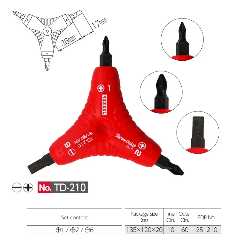 

VESSEL TD-210 TD-250Y TD-240G TD-220B Для винтов Phillips с шлицем и шлицем Треугольная отвертка с шестигранной головкой Y Ручные инструменты