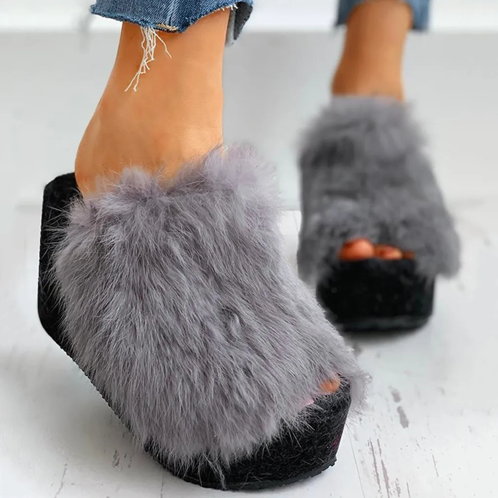 

Women Fashion Fluffy Furry Slippers Platform Wedges High Heels Peep Toe Autumn Winter Outdoor Slides Height Increasing Shoes