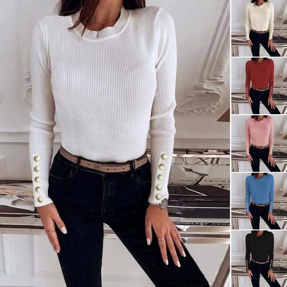 

Women Bottoming Sweater O-Neck Long Sleeves Buttons Decor Autumn Winter Ribbed Bodycon Sweater Jumper Knitwear Female Clothing