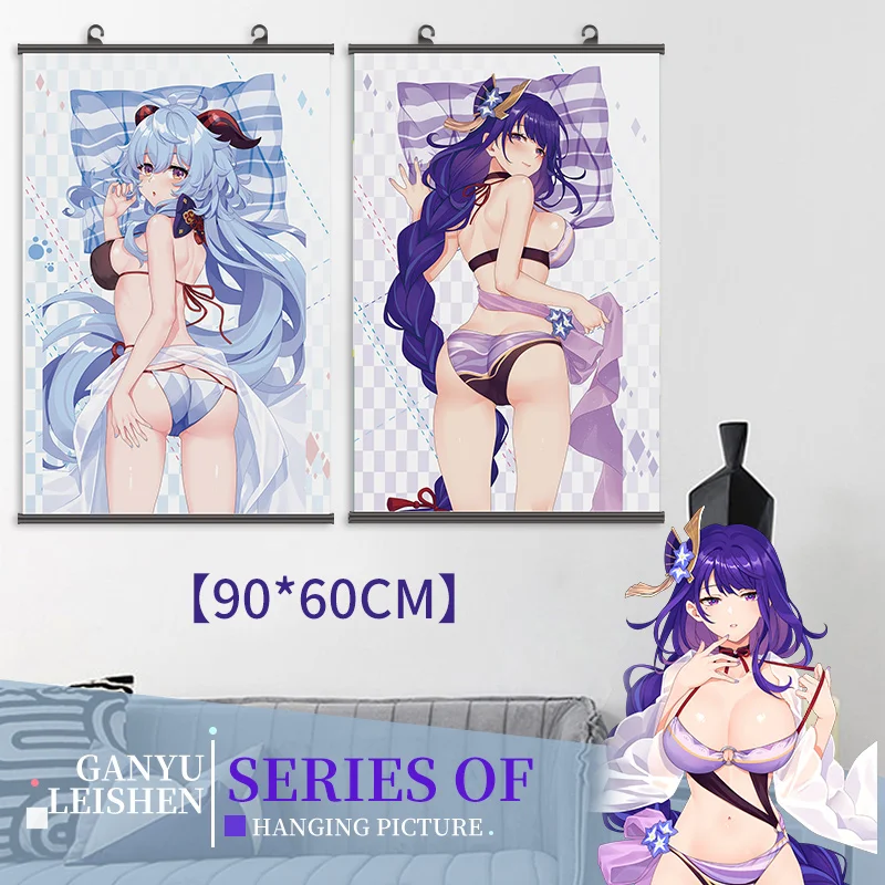 

Anime Genshin Impact Hanging Painting Wall Picture Peach Skin Scroll Painting Office Living Room Bedroom Decoration 60×90CM