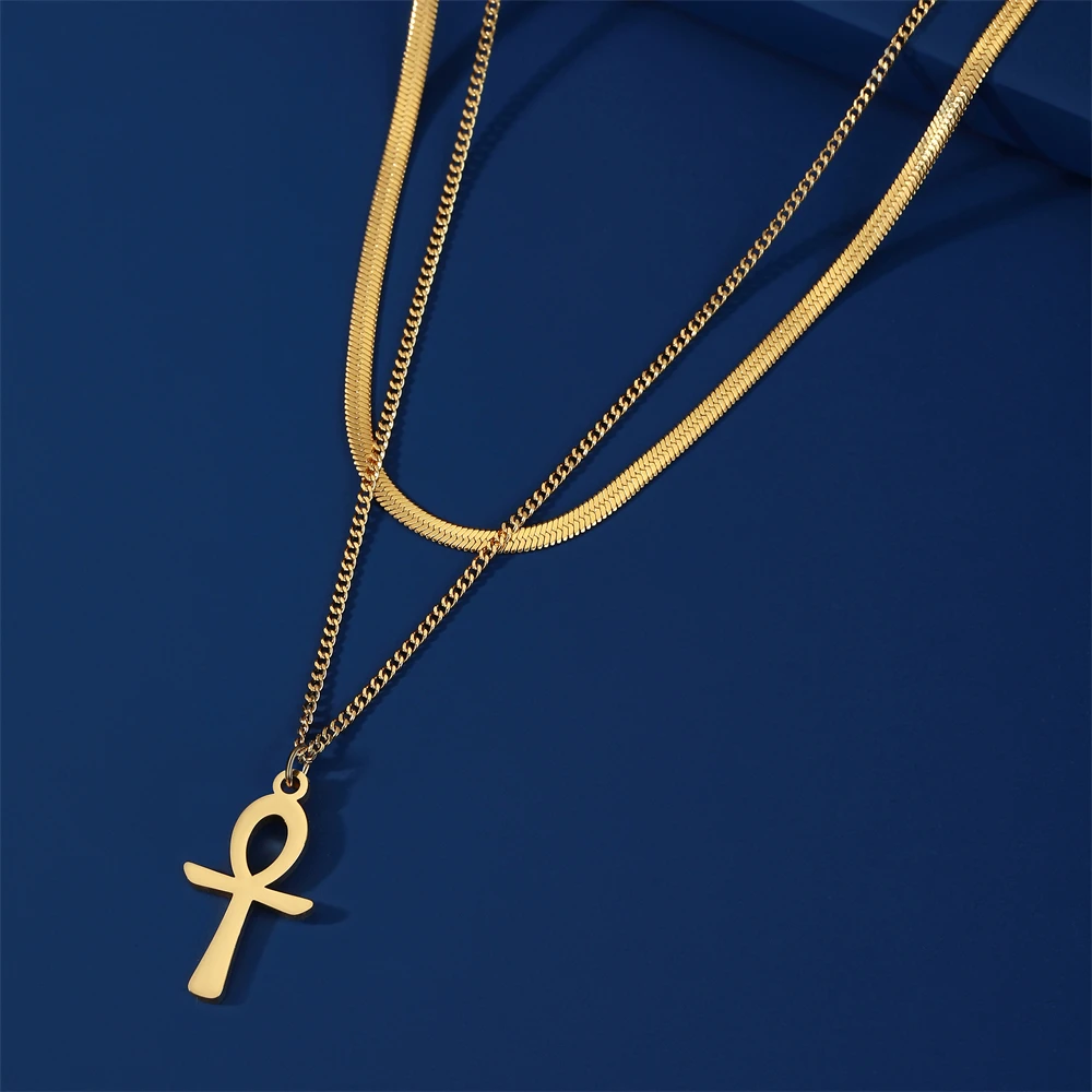 Skyrim Amulet Egypt Ankh Cross Necklace Stainless Steel Double Layer Clavicle Snake Chain Crucifix Egyptian Jewelry for Women