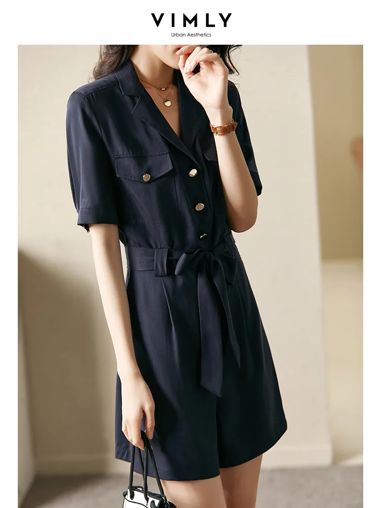 Vimly Summer Short Jumpsuit for Women 100% Lyocell High Waist 2023 Spring Notched Neck Short Sleeve Wide Leg Cargo Pants