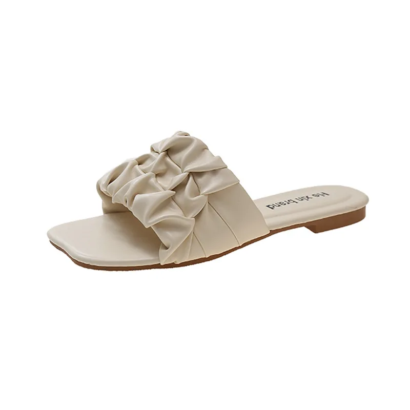 Pleated Sandals Women 2023 Slippers Summer Korean Version Flip Flops Flat Beach Sandalias Chanclas Pantuflas Chinelos Off White